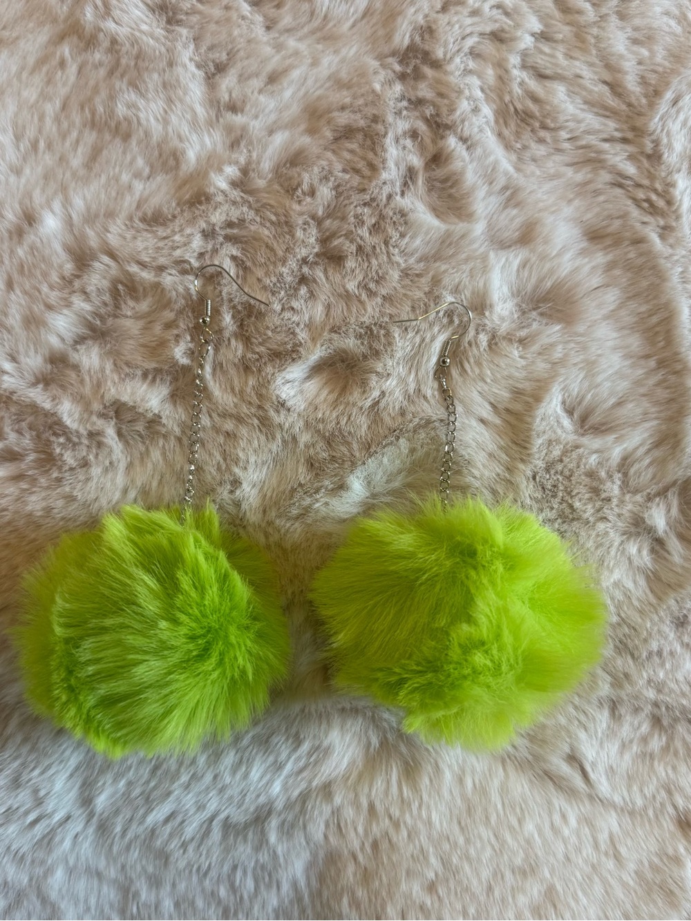 Faux Fur Pom Drop Earrings - Lime Green